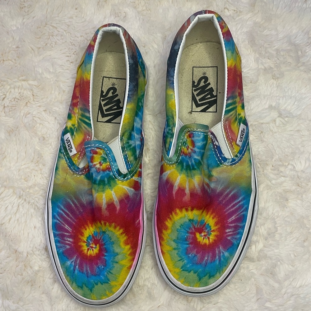 classic rainbow “tie-dye” slip on vans